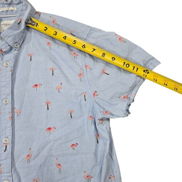 Denim & Flower Mens SM Short Sleeve Button Up Shirt Flamingo Palm Tree Tropical - Picture 5 of 9